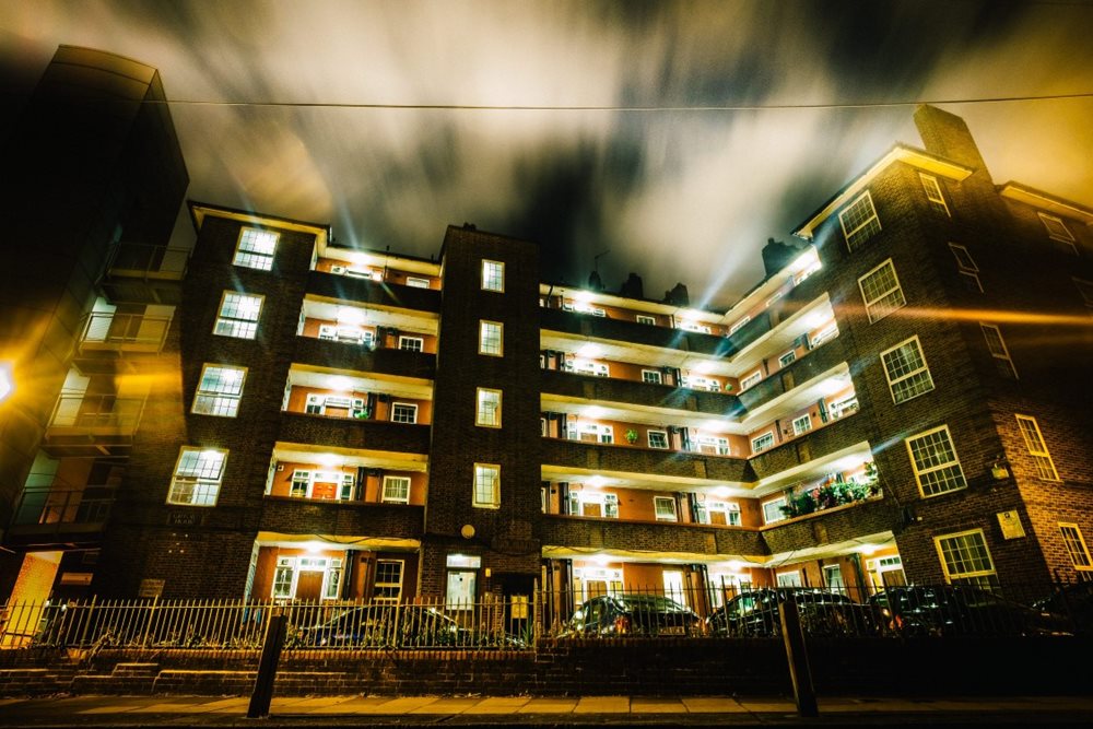 A block of flats at night