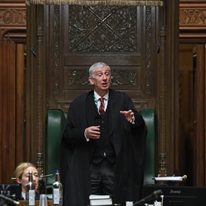 A photograph of the Speaker of the House of Commons rising from his Chair in the Chamber of the House of Commons