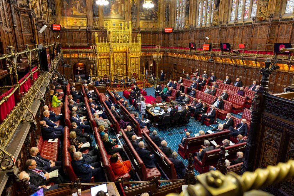 A busy House of Lords chamber with members sitting on the red benches