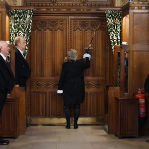 Black Rod knocking on the door of the House of Commons Chamber