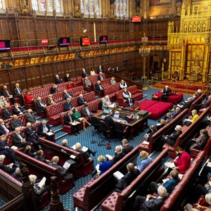 The House of Lords chamber from above with members sat on the red benches