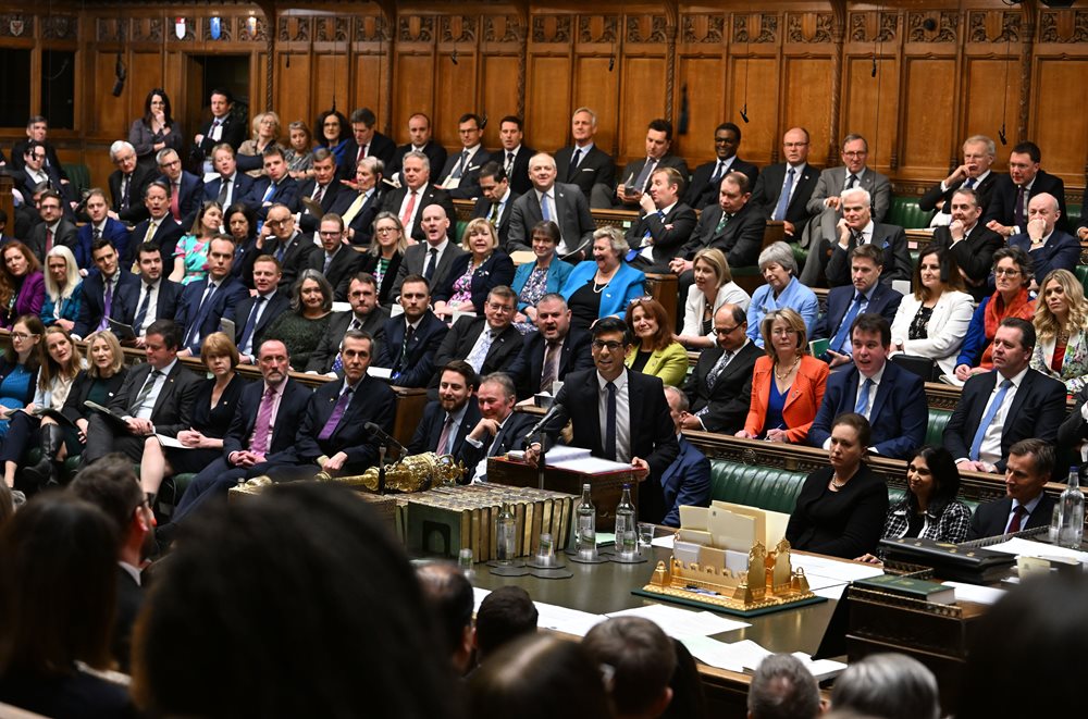 Prime Minister Rishi Sunak adressing MPs in the House of Commons chamber