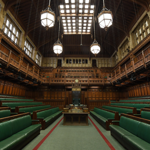 Empty House of Commons Chamber looking towards the Speaker's chair